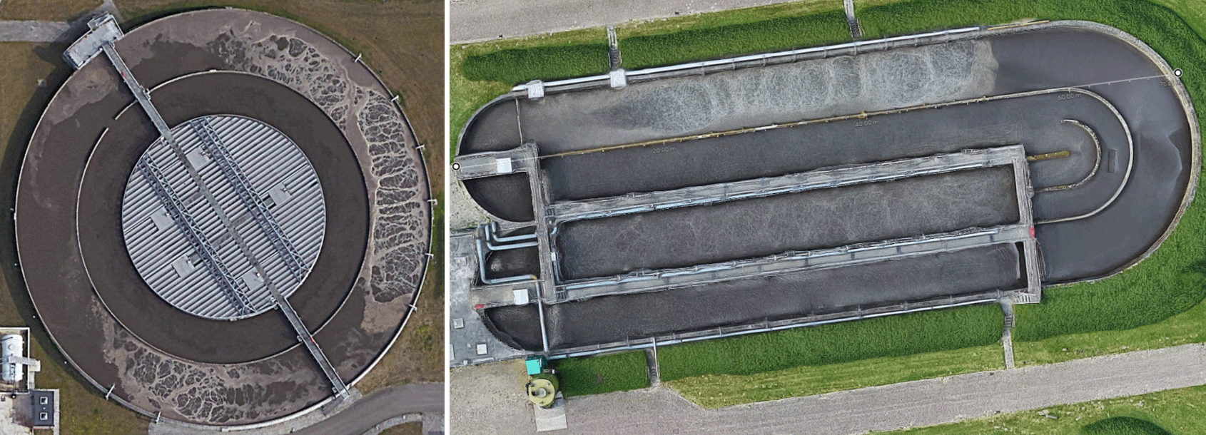 Aerial view of a carousel and a raceway reactor